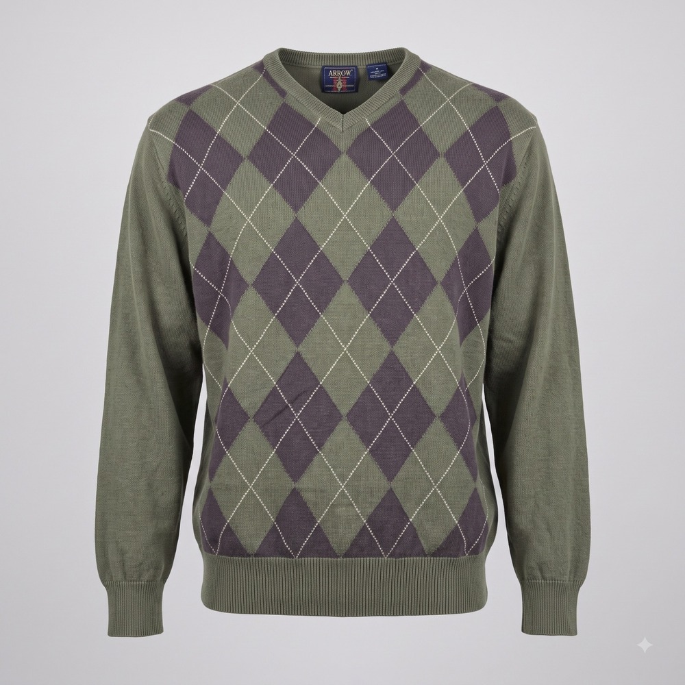 Arrow Mens XL Green Argyle V-Neck Sweater Cotton Long Sleeve Classic Academic